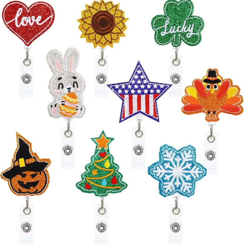 9Pcs Fall Holiday Badge Reels Embroidered Retractable Felt Nurse Badge Holder Na
